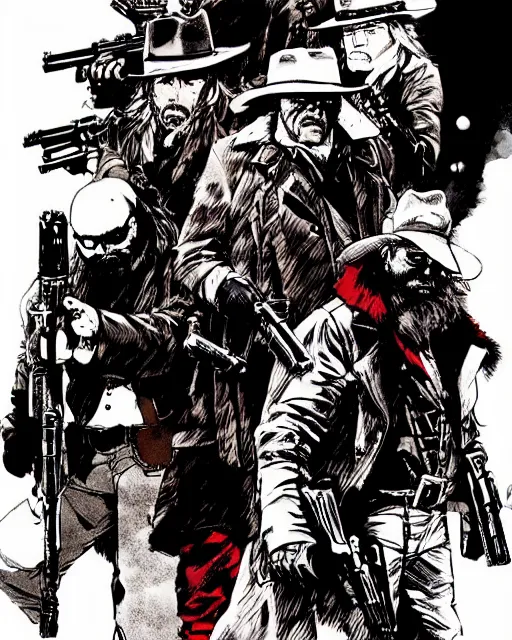 Prompt: epic action gunfight scene from The Hateful Eight by Quentin Tarantino in style by Dave Gibbons and Yoji Shinkawa, trending on artstation, details, intricate, 4k, perfect faces