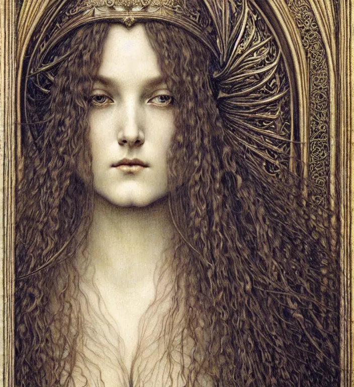 Image similar to detailed realistic beautiful young medieval queen face portrait by jean delville, gustave dore and marco mazzoni, art nouveau, symbolist, visionary, gothic, pre - raphaelite. horizontal symmetry