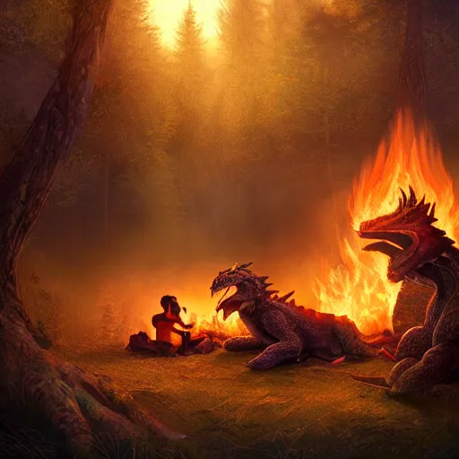 Prompt: An elder dragon telling a story near a campfire, extremely stunning and detailed digital painting, cinematic, 8k, dreamy, immersive