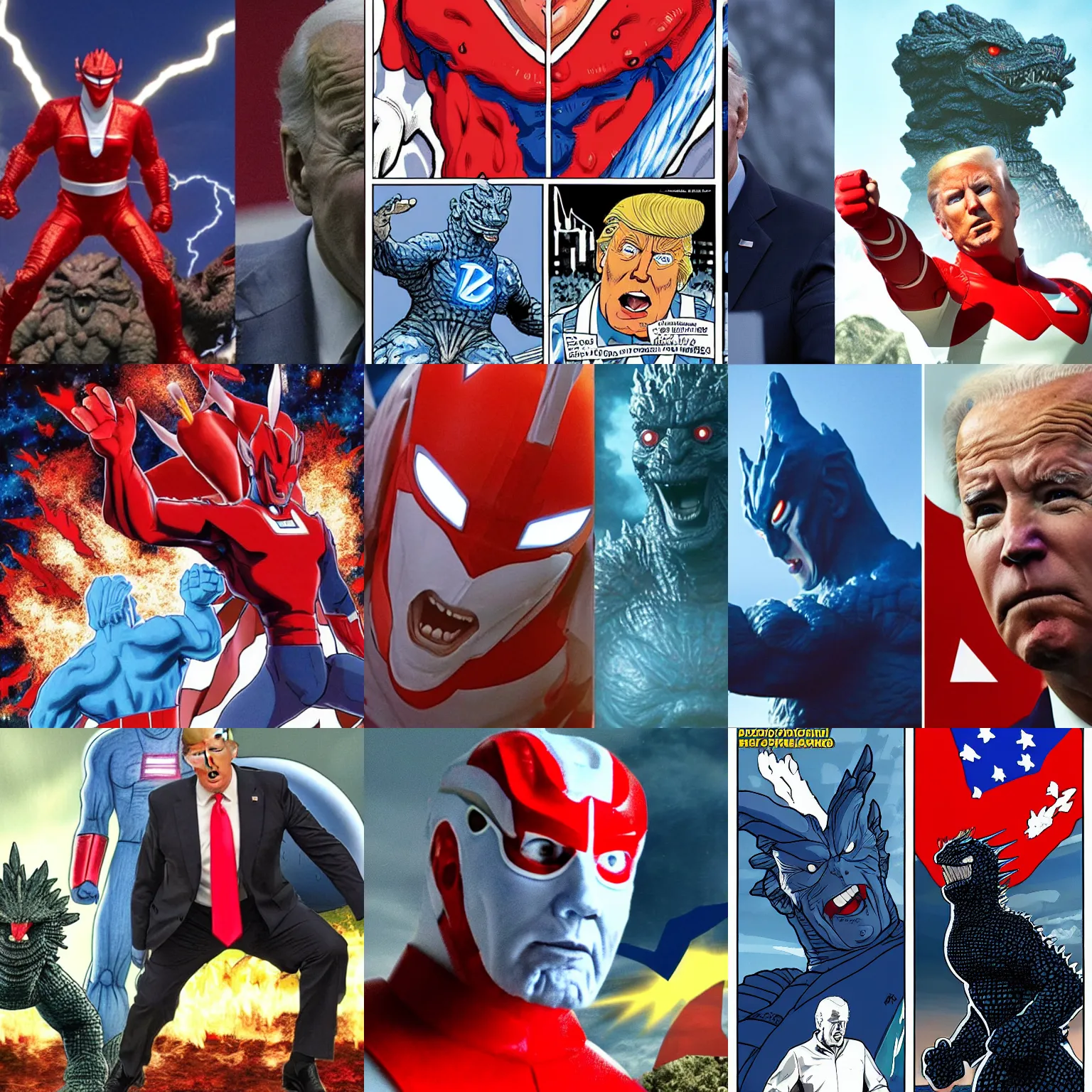 Prompt: Joe Biden as Ultraman fighting Donald Trump as Godzilla