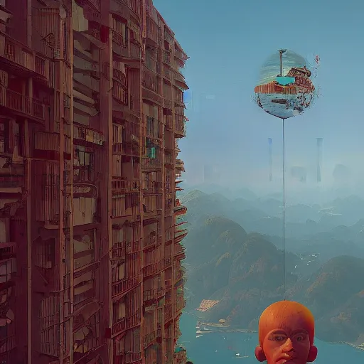 Image similar to a giant head floating above rio de janeiro by simon stalenhag