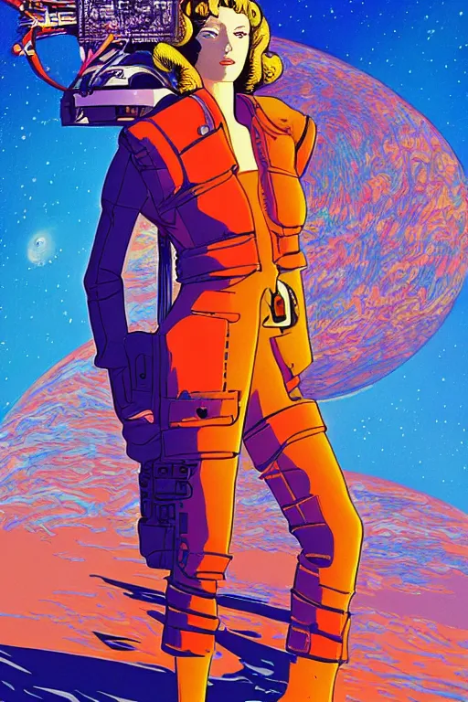 Image similar to cyber portrait fashion model in space artwork by jean giraud