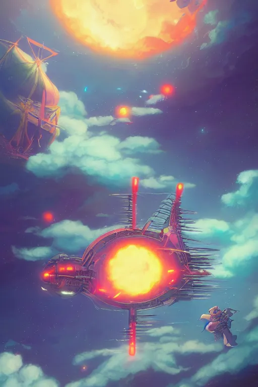 Prompt: spelljammer flying through phlogiston, 4 k digital paint by studio ghibli hayao miyazaki. vivid colours, vaporwave lighting style, very sharp and detailed. trending on artstation and behance.