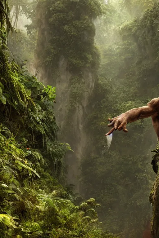 Prompt: a wide shot of a frail adventurer lost in a dense, forbidden jungle stumbles upon an ancient, and enormous doorway adorned with bas - reliefs depicting scenes of creation, marred by time and shrouded in leaves. hyper - realistic, octane render, cinematic, 8 k resolution, by edgar maxence and ross tran and michael whelan