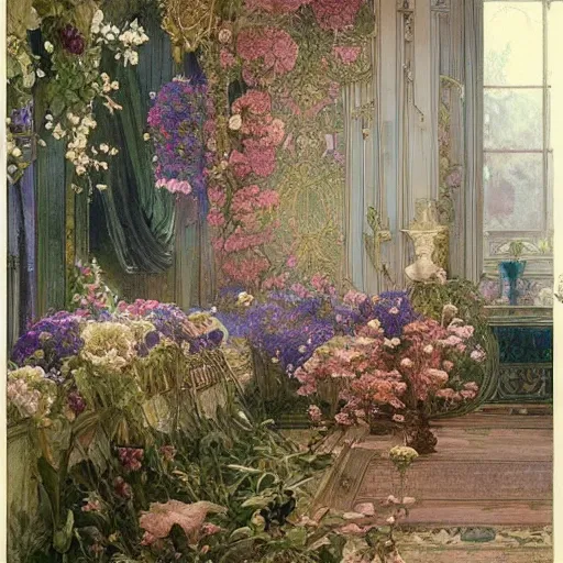 Image similar to a beautifull intricate watercolour painting of a victorian room with many flowers, reflexions, verry high details by william turner art, greg rutkowski and alphonse mucha, trending on artstation, very very detailed, masterpiece,