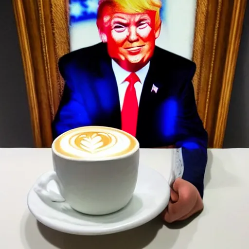 Prompt: donald trump as foam latte art, in coffee cup photorealistic