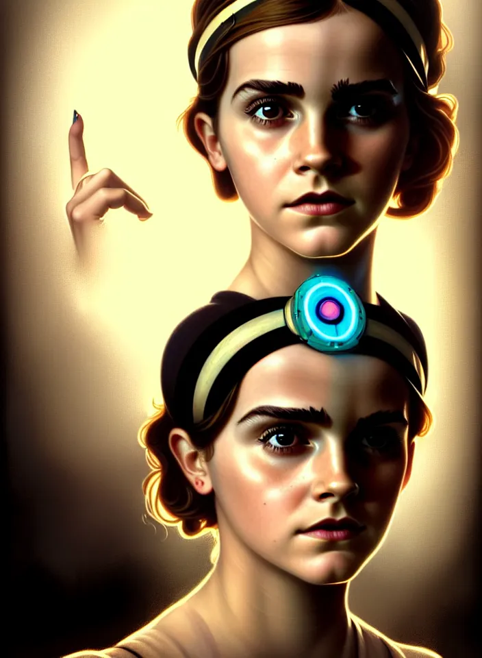 Image similar to symmetry!! face portrait of a young emma watson from bioshock, vintage dress, glowing headband!! underwater atmosphere, intricate, serene, highly detailed, digital painting, artstation, symmetric concept art, smooth, sharp focus, illustration, art by artgerm and greg rutkowski and alphonse mucha, 8 k