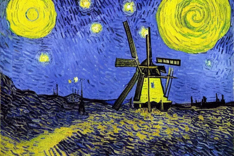 Image similar to windmill on the surface of the moon, circus, magical, warm light by van gogh