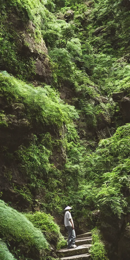 Prompt: canyon in oregon, old man on stone stairway in between highrise flats, overgrown lush plants, atmospheric, cinematic, beautiful low light by studio ghibli octane render 8k