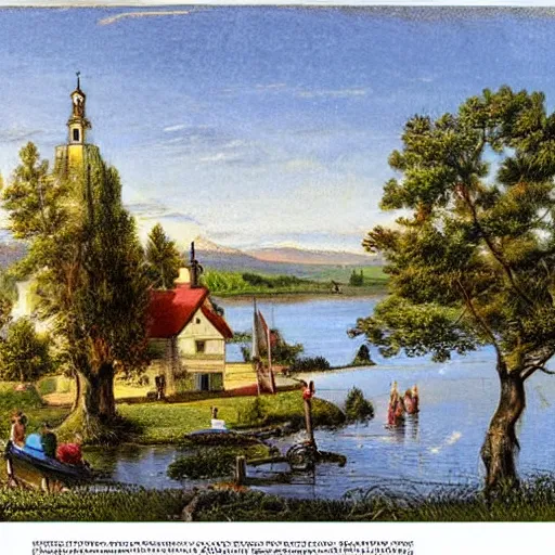 Image similar to realistic Portrait of a victorian town near a lake. Colour, Detailed.