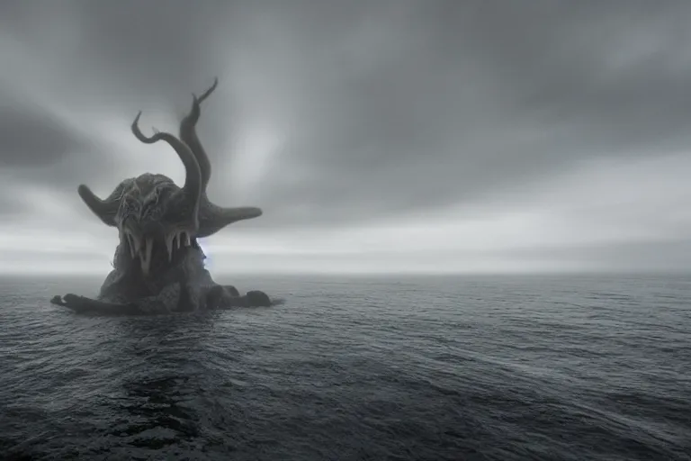 Prompt: giant VFX movie of cthulhu rising out of the ocean in Malibu, towering over, 14mm morning natural light by Emmanuel Lubezki