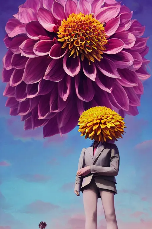 Image similar to closeup giant dahlia flower head, girl in a suit, street, surreal photography, blue sky, sunrise, dramatic light, impressionist painting, digital painting, artstation, simon stalenhag