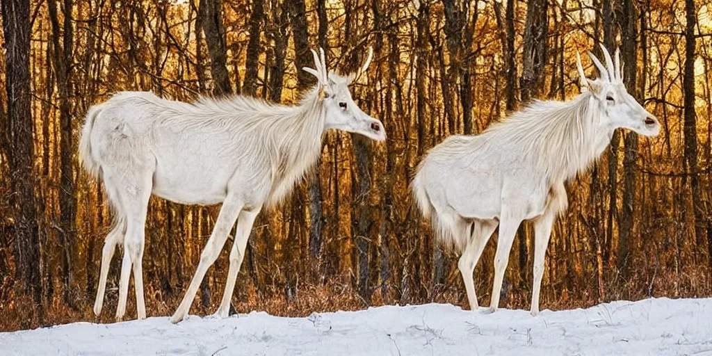 Prompt: a long haired albino elk with a long neck like a giraffe walks thru an enchanted forest, majestic!!! beautiful!!!, ethereal!!!, loving, ultra realistic, winter, golden hour, volumetric lighting, sharp focus