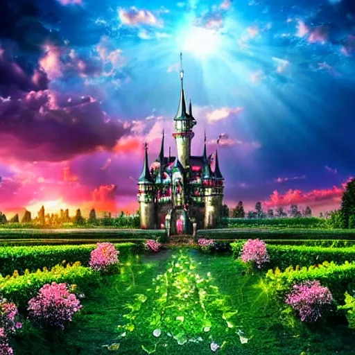 Image similar to Amazing View of fantasy Beautiful Sky Scenery with ornate gold and silver iridescent castles of light Highly detailed Vines Trees Gardens flowers in bloom clouds sunset holographic metallic angelic prismatic reflections Depth of field HDR