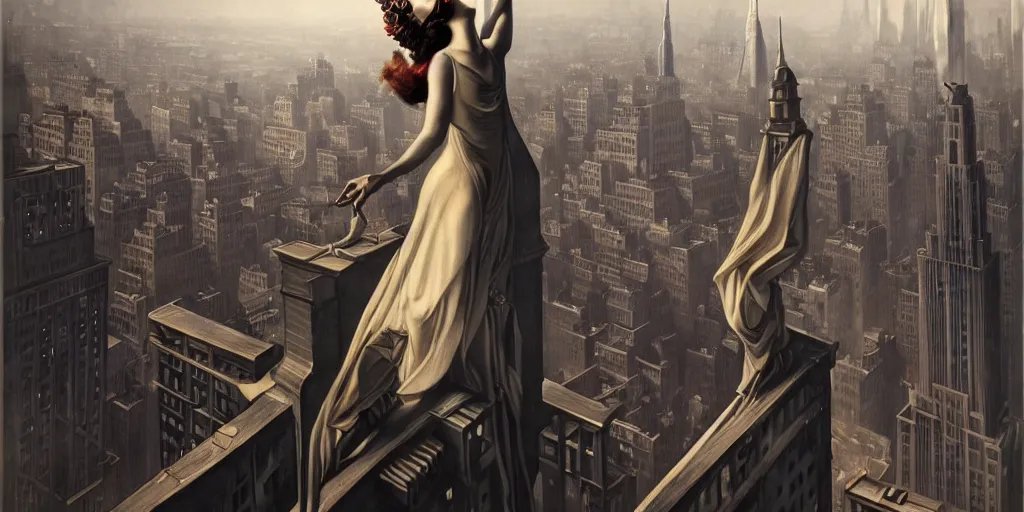 Image similar to a woman standing on a ledge overlooking an axonometric 1920s New York City, by Rolf Armstrong and Evelyn De Morgan and Bastien Lecouffe-Deharme, dramatic lighting, high contrast colors, baroque, empyrean, panoramic view, as trending on Artstation, highly detailed, cryengine,