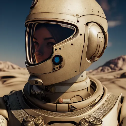 Image similar to portrait photography of a white steampunk space engineer suit, in an desert alien planet, ultra detail, beautiful light, high detail, 8 k, f / 2. 8, octane render