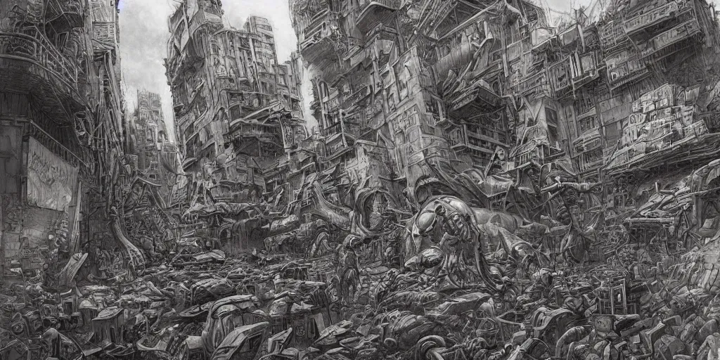 Prompt: downtown Paris after the war by dan seagrave art and Moebius