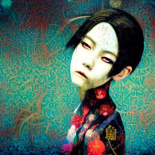 Prompt: yoshitaka amano blurred and dreamy stylized three quarter angle portrait of a young woman with short hair and black eyes wearing dress suit with tie, junji ito abstract patterns in the background, satoshi kon anime, noisy film grain effect, highly detailed, renaissance oil painting, weird portrait angle, blurred lost edges