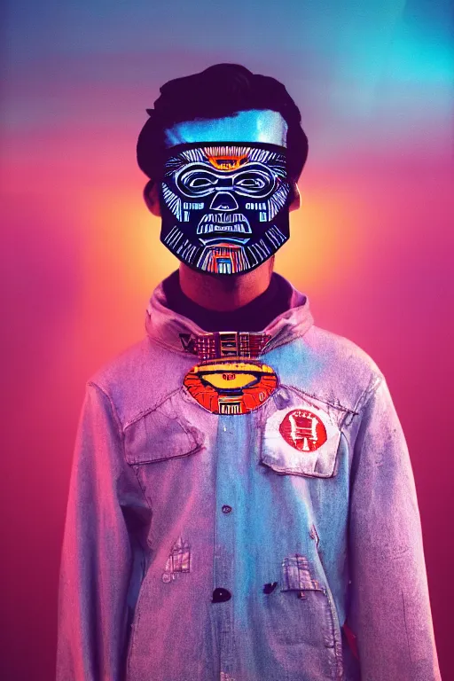 Image similar to agfa vista 4 0 0 portrait photograph of a meso american guy on a spaceship, aztec face mask, ancient yet futuristic, meso american aesthetic, aztec aesthetic, synth vibe, vaporwave colors, lens flare, moody lighting, moody vibe, telephoto, 9 0 s vibe, blurry background, grain, tranquil, calm, faded!,