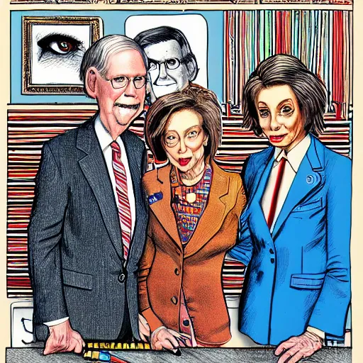 Image similar to The Artwork of R. Crumb and his Cheap Suit Mitch McConnell and Nancy Pelosi, pencil and colored marker artwork, trailer-trash lifestyle