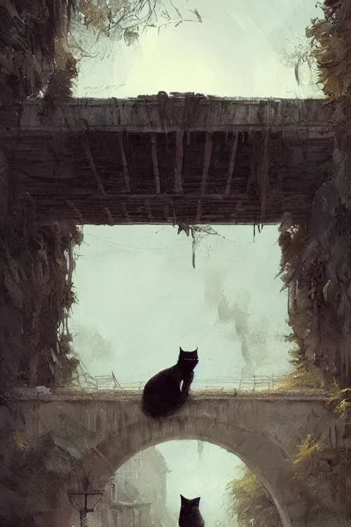 Prompt: Cat Under the bridge, horror, illustrated by Greg Rutkowski and Caspar David Friedrich., Trending on artstation, artstationHD, artstationHQ, 4k, 8k