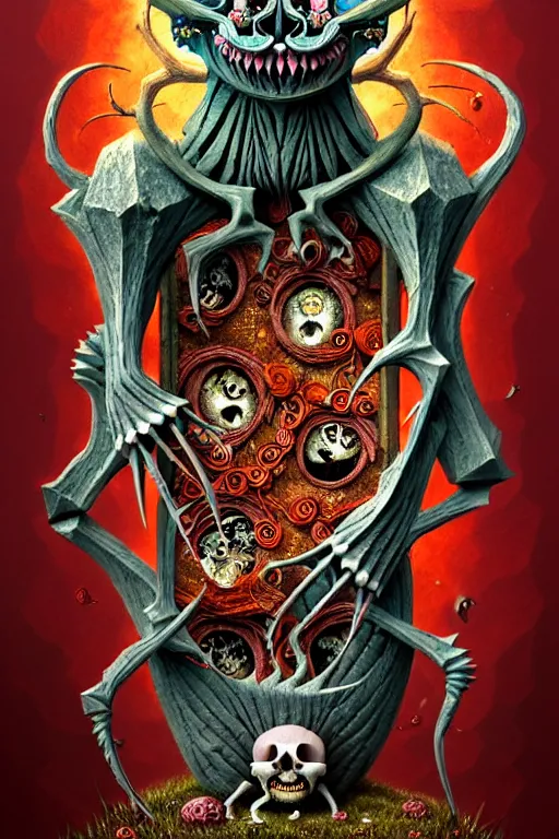 Image similar to A beautiful detailed grotesque monster super cute tarot card, by Gediminas Pranckevicius , symmetrical features, ominous, magical realism, texture, intricate, ornate, royally decorated, skull, skeleton, whirling smoke, embers, red adornements, red torn fabric, radiant colors, fantasy, trending on artstation, volumetric lighting, micro details, 3d sculpture, ray tracing, 8k, anaglyph effect