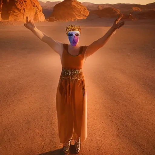 Prompt: full body shot of a pale woman in arocky desert landscape, wearing a full face occult golden mask, jewels above her head, dry rocks desert background, smoke around her, glowing eyes, award winning photography, 8k, in the style of Darren Arnofsky, David Lynch and Alejandro Jodorowsky, Gaspar Noe