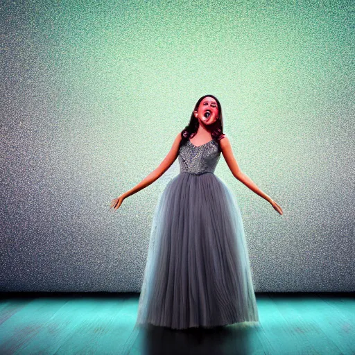 Image similar to beautiful actress singing on a stage of a broadway musical, colorful dress, tall decorations, grey setting, extremely detailed, professional photography, theatrical lighting, volumetric lighting, hyperrealism