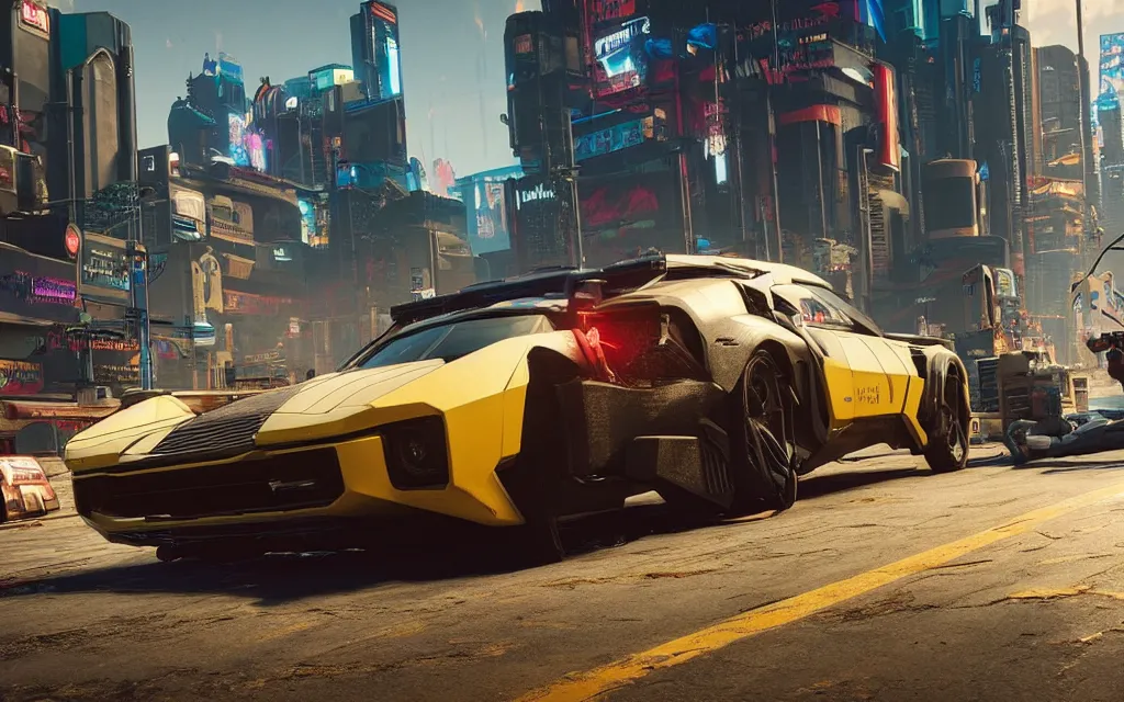 Image similar to Cyberpunk 2077 car Quadra Turbo-R V-Tech, driving down dusty city dystopian, long distance shot , by Mead, Syd