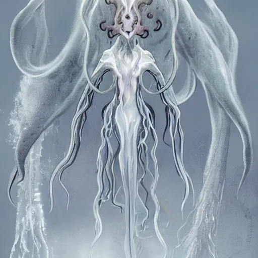 Prompt: concept designs for an ethereal wraith like figure with a squid like parasite latched onto its head and four long tentacle arms that flow lazily but gracefully at its sides like a jellyfish while it floats around a frozen rocky tundra in the snow searching for lost shiny trinkets and that hides amongst the shadows in the trees, this character has cryokinesis and umbrakinesis and electrokinesis for the resident evil village video game franchise with inspiration from the franchise Bloodborne and the mind flayer from stranger things on netflix in the style of a marvel comic with colors inspired by the black rock shooter anime