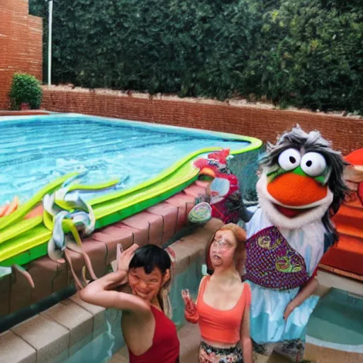 Image similar to a swimming pool filled with noodle soup! with muppets