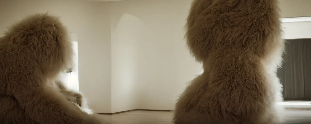 Image similar to a strange huge fluffy furry creature sits in the living room, film still from the movie directed by denis villeneuve with art direction by zdzisław beksinski, close up, telephoto lens, shallow depth of field