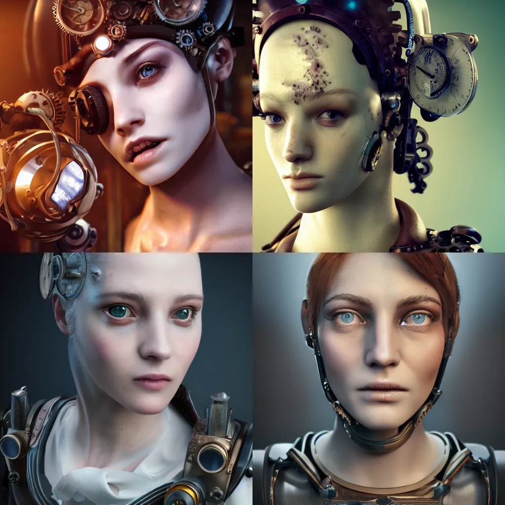 Prompt: Portrait of a beautiful steampunk female android, cracked porcelain face, steam, gears, product photo, high detail, realistic octane render, raytracing