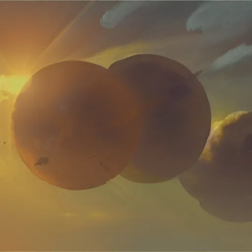 Image similar to concept art painting of a sky with three suns, realistic, detailed, cel shaded, in the style of greg rutkowski