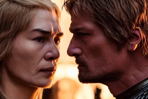 Prompt: very very intricate photorealistic photo of jaime lannister fighting cersei, photo is in focus with detailed atmospheric lighting, award - winning details