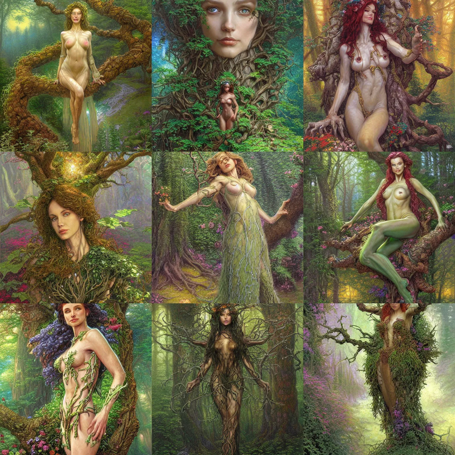 Prompt: human tree hybrid dryad, fantasy, nature art in style of thomas kinkade, fantasy character art by Donato Giancola,