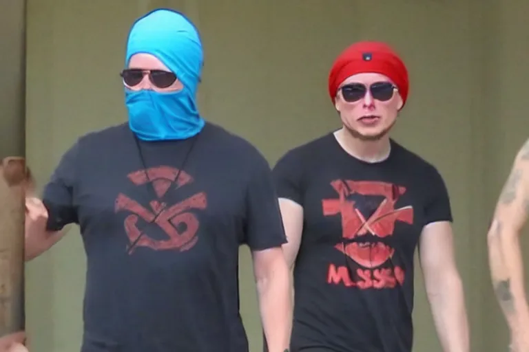 Prompt: elon musk as a dangerous gang member, wearing a blue head covering made from a polyester material and a stained white tank top, paparazzi, leaked footage, uncomfortable, bad quality