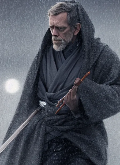 Image similar to hugh laurie as obi vam kenobi, long sleeve, confident, fog, rain, volumetric lighting, sharp focus, ultra detailed, cgsociety by leesha hannigan, ross tran, thierry doizon, kai carpenter, ignacio fernandez rios, noir art house,