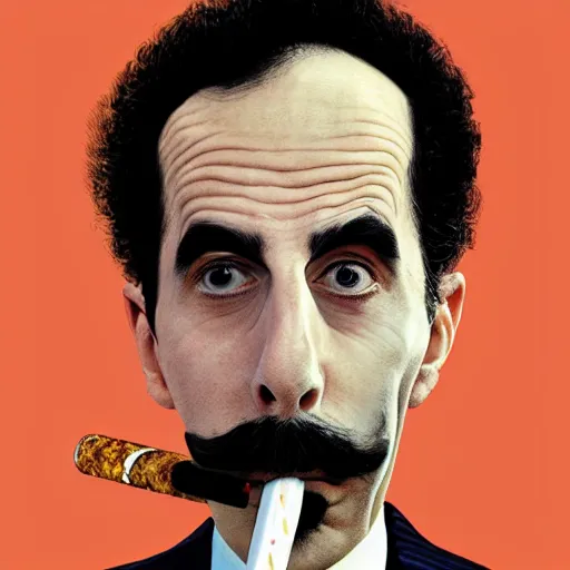 Image similar to Borat smoking a giant rolled cannabis cigarette, caricature, smoke, amazing detail, digital art, artstation