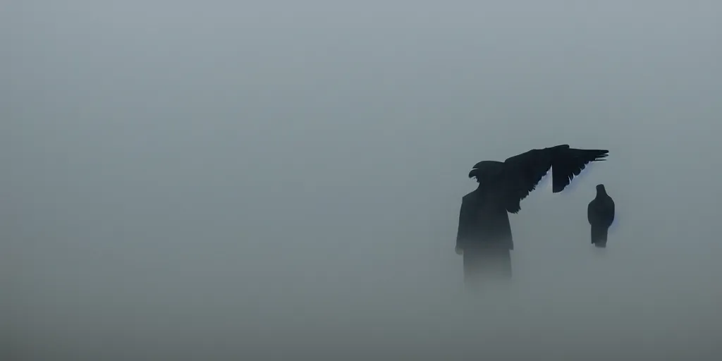 Prompt: a man with a raven head standing in the mist, fog, scary