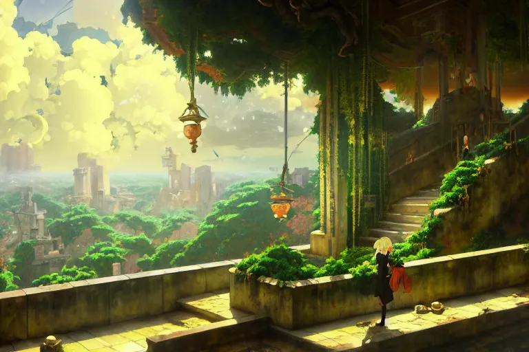 Prompt: baroque oil painting of anime key visual environment concept art of anime hanging gardens of babylon, brutalist, dark fantasy, rule of thirds, digital cel shading, fake hidden detail, trending on pixiv fanbox, acrylic palette knife and brush, style of makoto shinkai studio ghibli genshin impact jamie wyeth james gilleard greg rutkowski