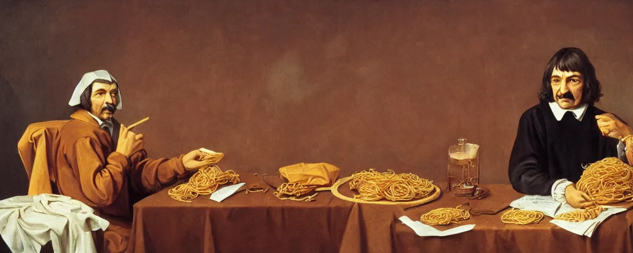 Image similar to rene descartes discussing spaghetti philosophy, 1 5 0 0 s, kodachrome, in the style of wes anderson, retro