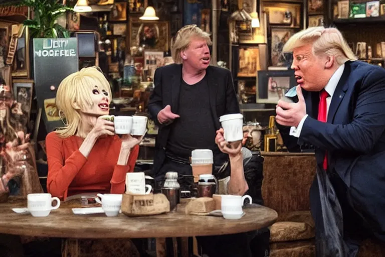 Prompt: Angelina Jolie, boris johnson, The Alien from the movie 'Alien', dolly parton, donald trump are best friends, drinking coffee at central perk, still photo, hyperrealistic, 35mm, 8k, by weta digital