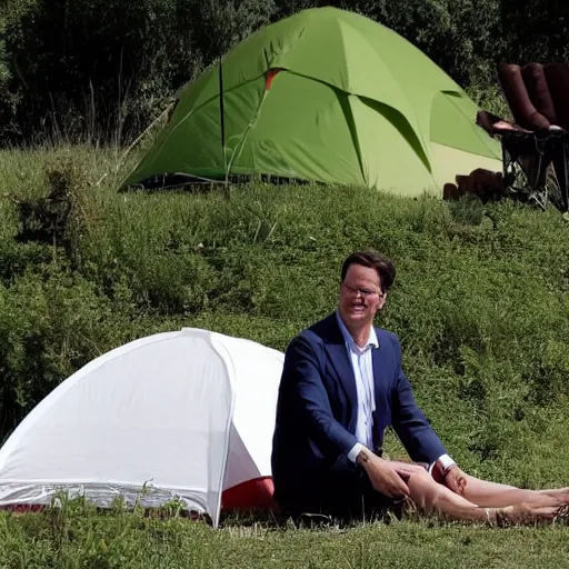 Image similar to mark rutte chilling in front of a tent on a camping in Italy, press photograph