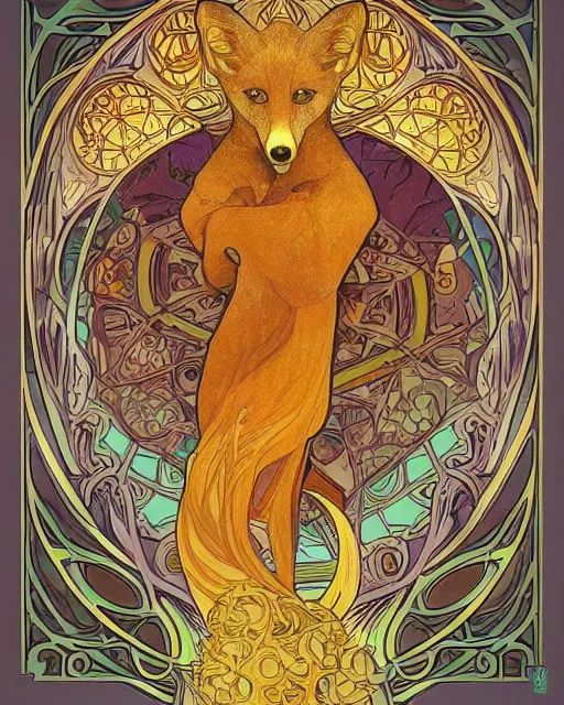 Prompt: fox carving art, cell shading, voronoi, fibonacci sequence, sacred geometry by Alphonse Mucha, Moebius, hiroshi yoshida, Art Nouveau, colorful, ultradetailed, 2 vivid colour, 3d