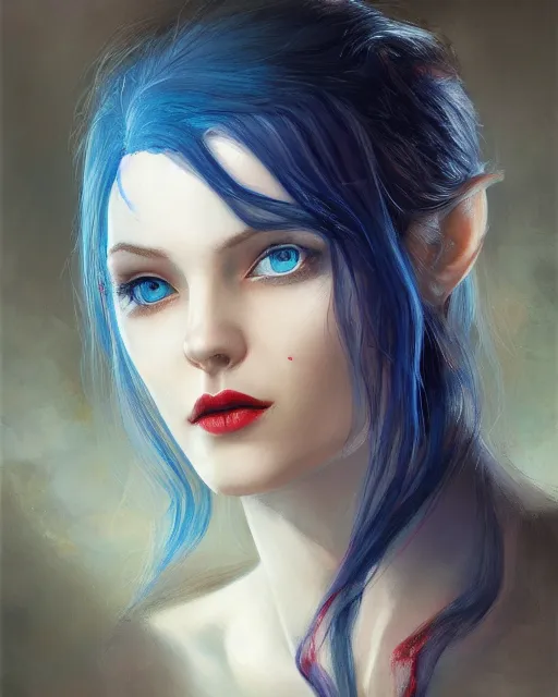 Image similar to A detailed matte oil on canvas head on symmetrical portrait of a distinguished elven woman with split red and blue hair on an empty background, by Charlie bowater, Wlop, trending on artstationhd, dungeons and dragons art, parted hair , half blue, half red , split dye, critical role