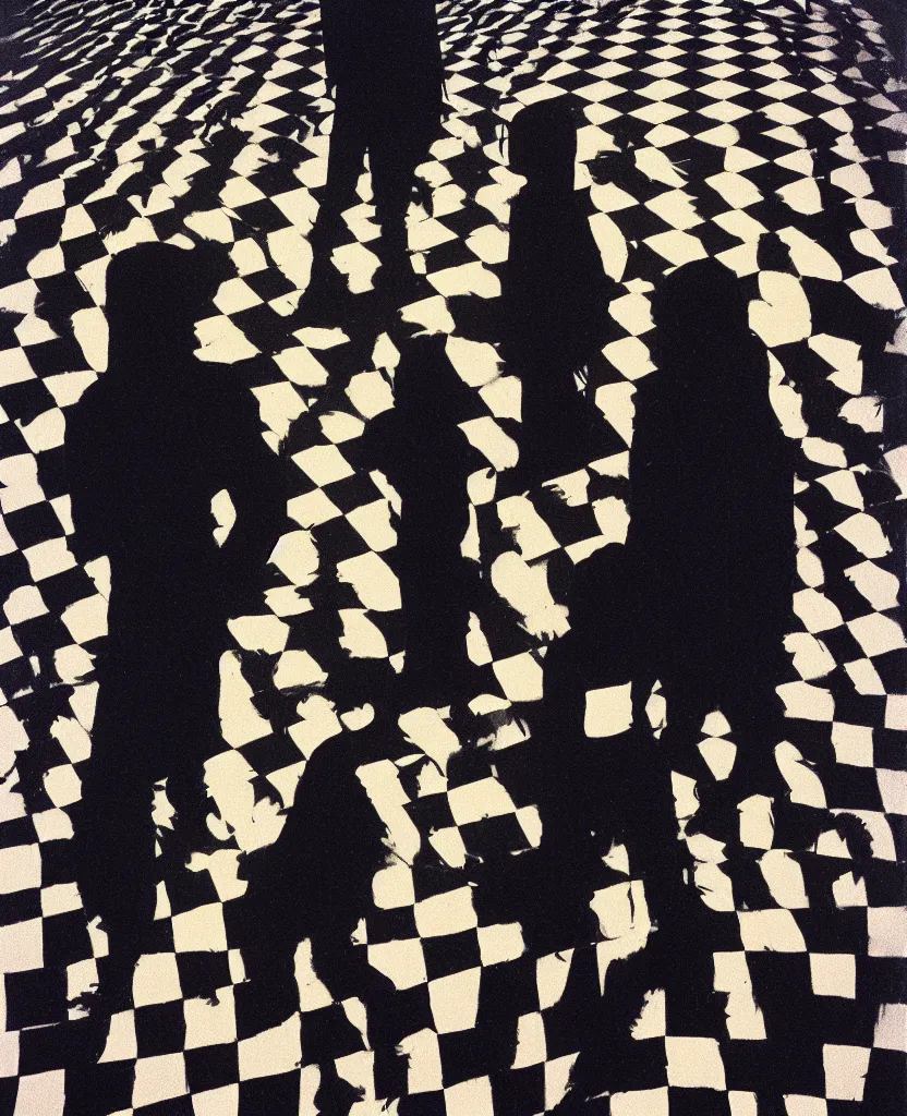 Prompt: a couple of people standing on top of a checkered floor, a poster by syd barrett, behance, neo - expressionism, black arts movement, poster art, indigo dye - transfer, artwork, 1 9 9 0 s