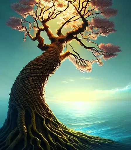 Image similar to highly detailed fantasy artwork of a tree made of water and smoke, carved Japanese Sakura wood organic overgrowth, RHADS, artgerm, James Jean