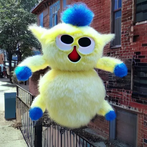 Image similar to giant furby spider attacking a small town