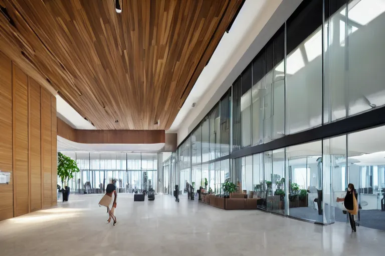 Prompt: a beautiful office building lobby with sleek modern design by SOM with large windows